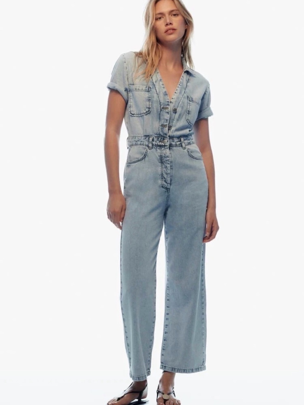✨ NWT‎ ZARA Long Denim Short Sleeve Jumpsuit Light Blue Size XS